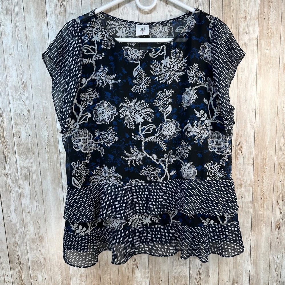 Cabi Hybrid Blouse Top Floral Ruffle‎ Hem Flutter Sleeve Navy Black Size Large